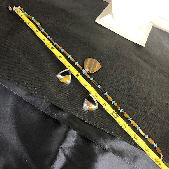 MEXICAN Turquoise Tigers Eye Black Onyx Sterling Silver 950 / 925 Jewelry Set - Picture 14 of 17